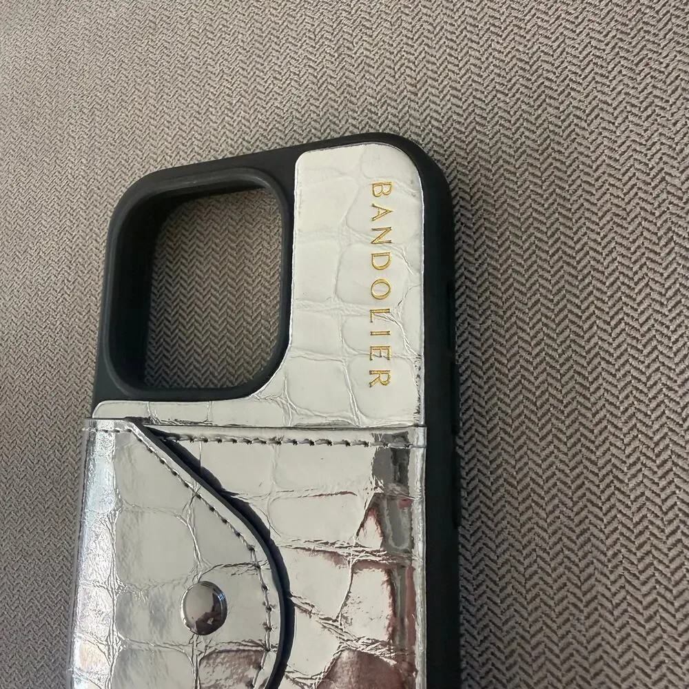 Bandolier iPhone 15 Pro Silver Croc Wallet Phone Case Card Holder No Strap